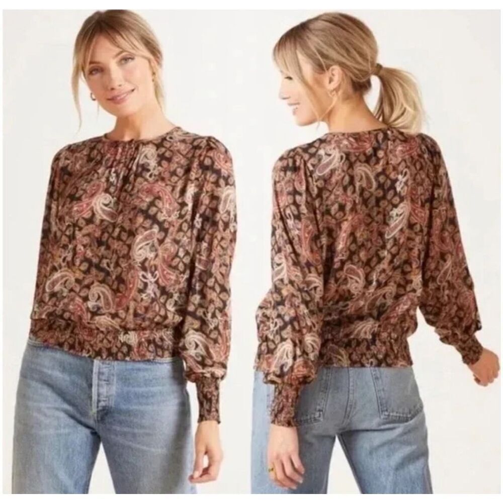 Evereve Roan + Ryan Orange Brown Rox Paisley Smocked Blouse Top Small